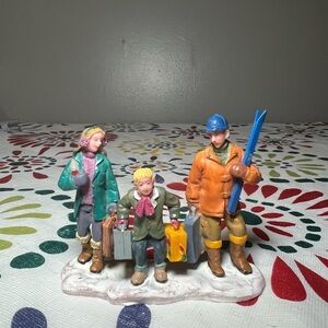 VTG Lemax Christmas Village Family Ski Vacation Checking In w/Luggage - RETIRED